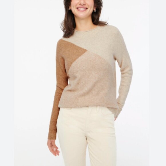 J. CREW Colorblock Mock Crew Neck Sweater in Extra-Soft Yarn XS Heather Oatmeal - Picture 1 of 5